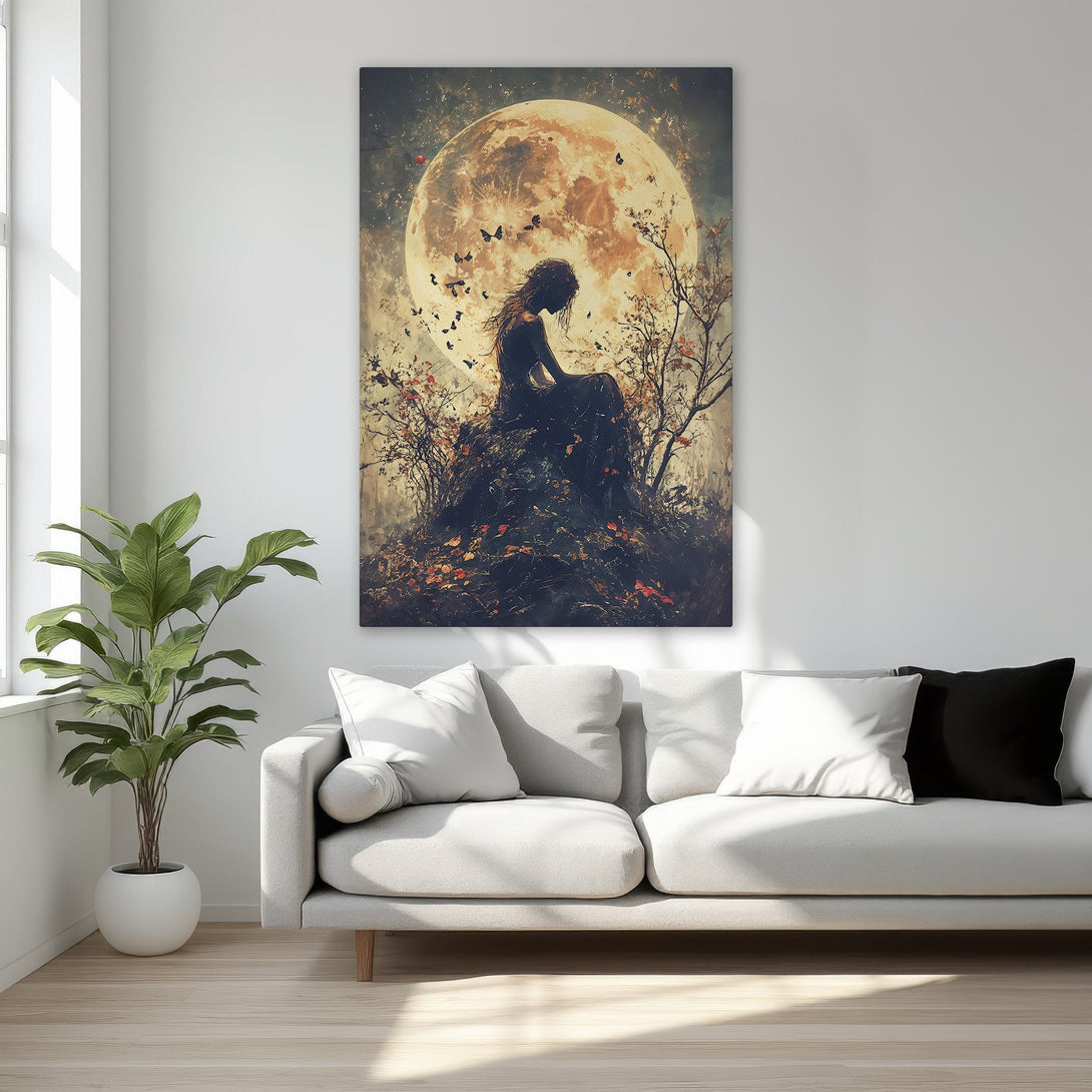 Framed Wall Art: Mystical woman under a full moon. Dark, romantic style with warm earth tones and gold accents. Perfect for bedroom decor.