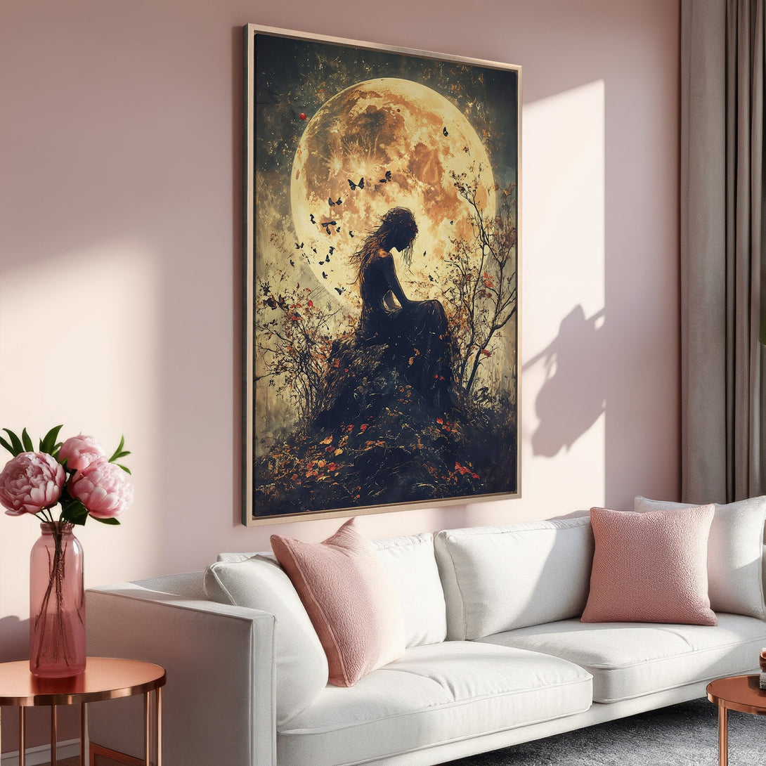 Framed Wall Art: Mystical woman under a full moon. Romantic, ethereal style with warm, earthy tones. Perfect for adding a touch of magic to your space.
