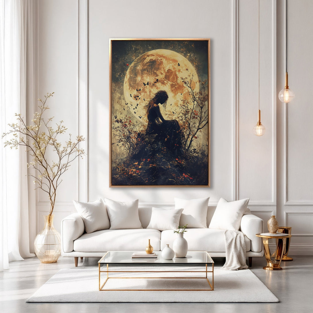 Framed Wall Art featuring a mystical woman silhouette against a moonlit sky. Earthy tones with a touch of gold create a captivating, artistic canvas print.