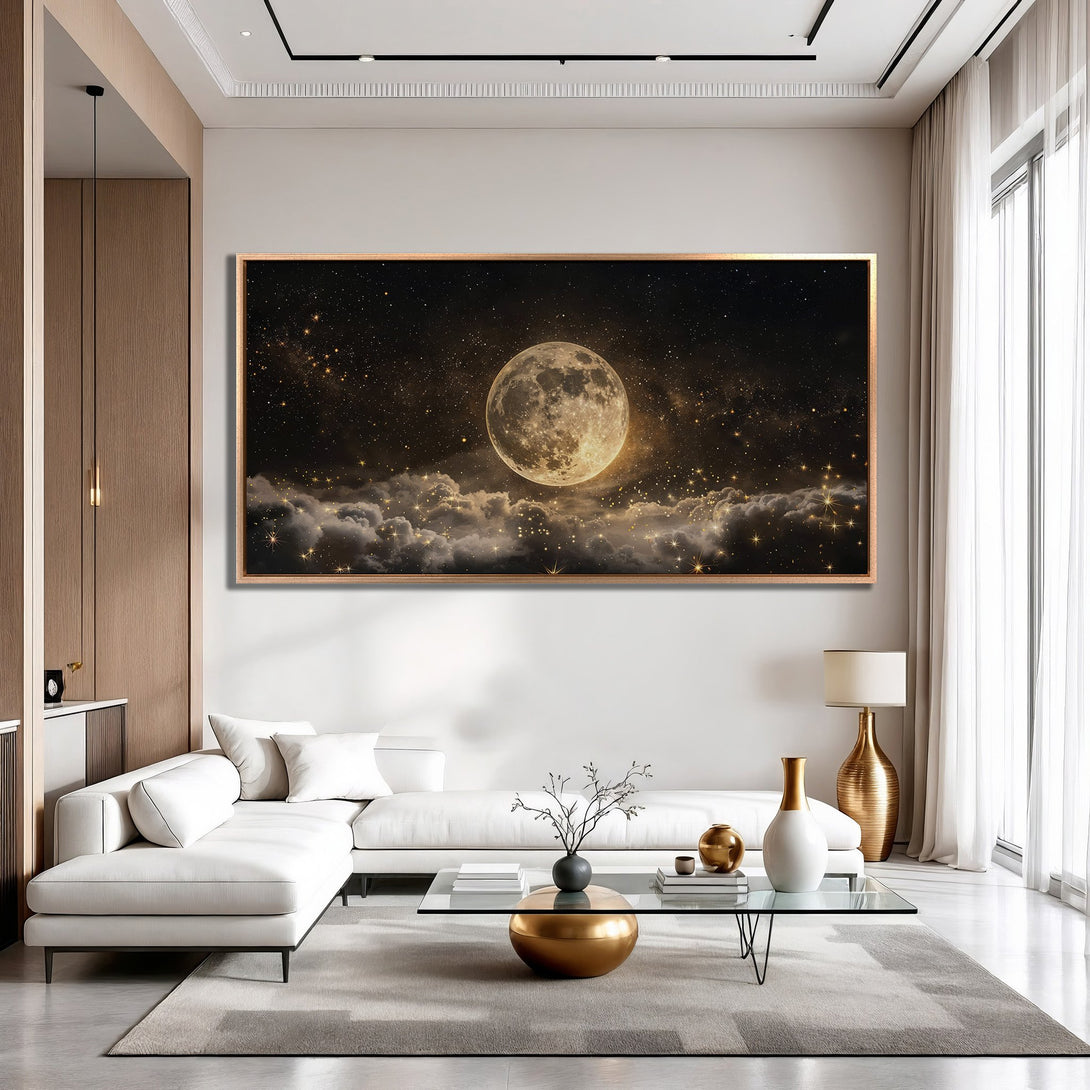 Framed Wall Art: Majestic moonlit night scene in gold and black, perfect for modern living rooms. Bring the cosmos home with this stunning canvas print!