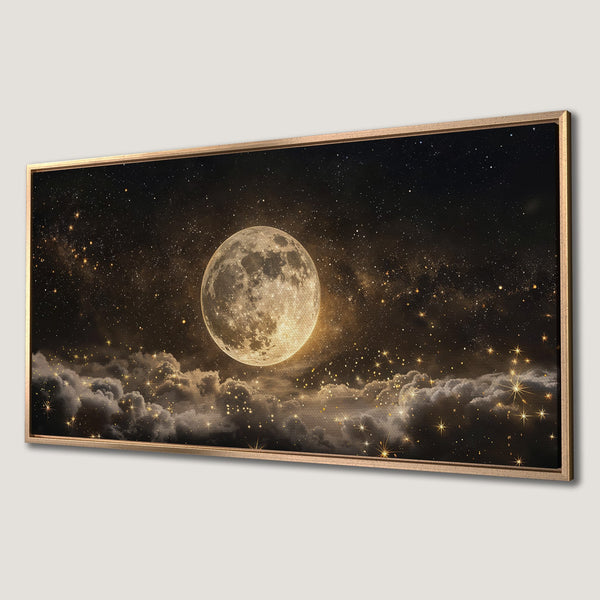 Framed Wall Art: Moonlit night sky canvas print with a celestial scene in gold and black tones. Perfect for adding a touch of magic to your space.