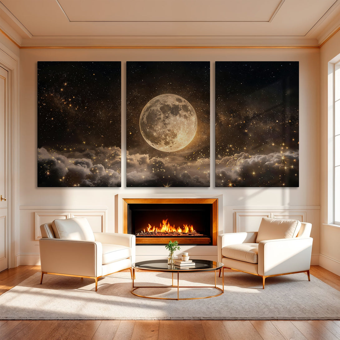 Canvas Print of a moonlit night sky, displayed in a luxurious interior. Features a celestial scene in a warm, golden color palette. Perfect for a cozy living room.