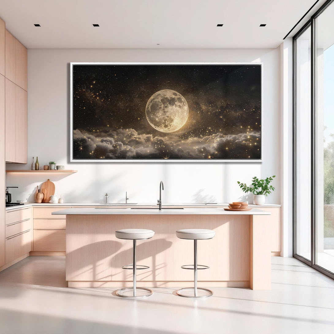 Framed Wall Art: Stunning moonlit night sky canvas print. Warm gold and black color palette. Perfect for modern kitchen decor.