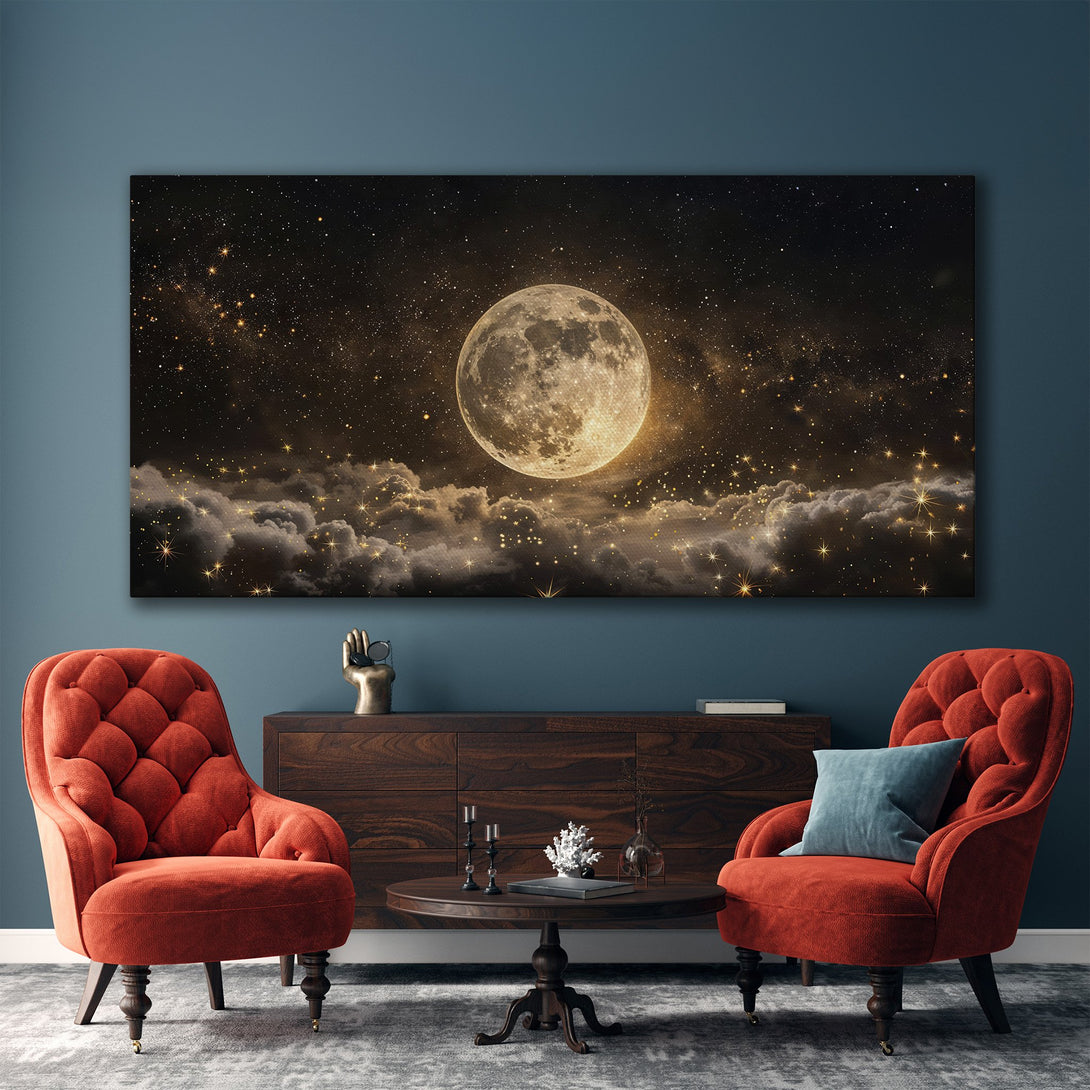 Framed Wall Art: Celestial moon and stars canvas print in a gold frame. Warm, neutral tones create a cozy, modern aesthetic. Perfect for living room decor.
