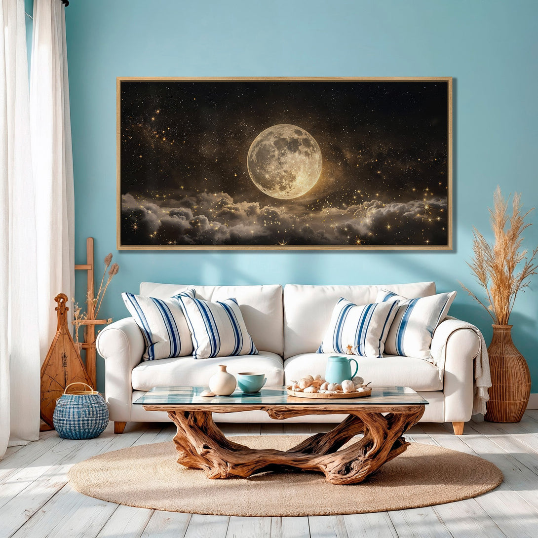 Framed Wall Art: Stunning moon and stars canvas print in a warm, inviting interior. Features a celestial design with a gold and black color palette.
