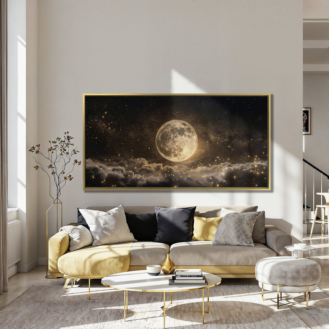 Canvas Print of a celestial moon and stars scene in warm gold and black tones, perfect for adding a touch of magic to any room.