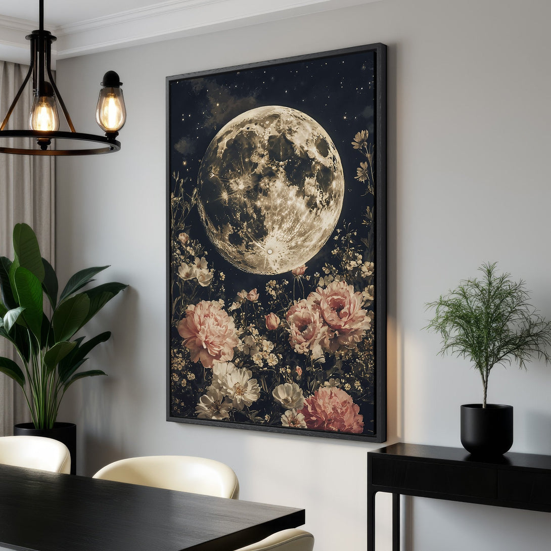 Framed Wall Art: Stunning moon and floral print in a vintage style. Features a dark, moody color palette with pink and neutral tones. Perfect for any space!