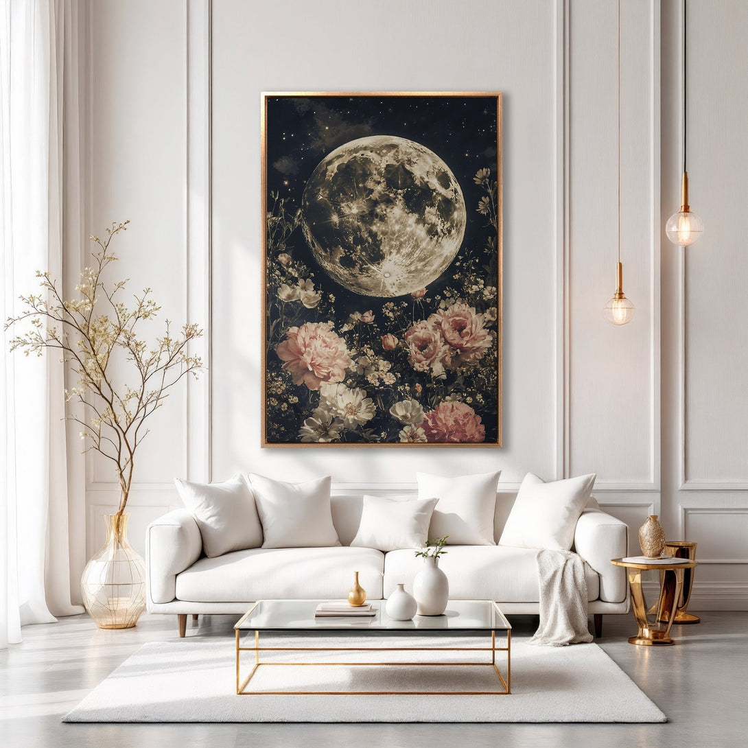 Framed Wall Art: Moon and floral print in a luxurious interior. Features a vintage style with a dark, romantic color palette. Perfect for home decor.