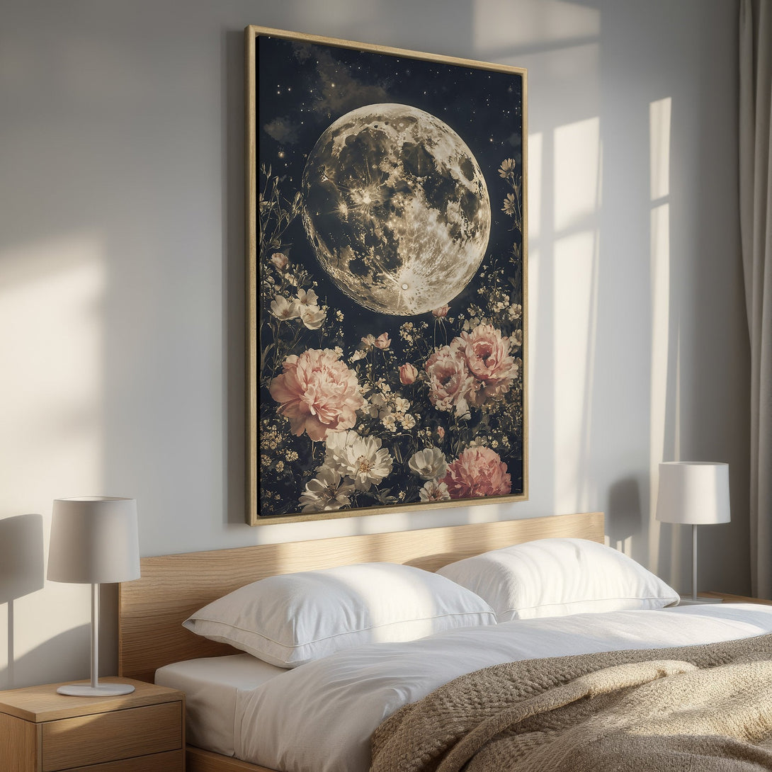 Framed Wall Art featuring a moon and floral design in a vintage style, with a dark, moody color palette. Perfect for adding a touch of elegance to your bedroom.