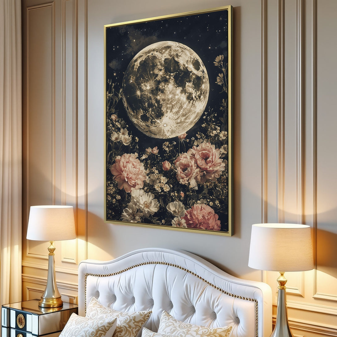 Canvas Print featuring a dreamy moon and floral design. Romantic art in a muted color palette, perfect for adding a touch of elegance to your space.