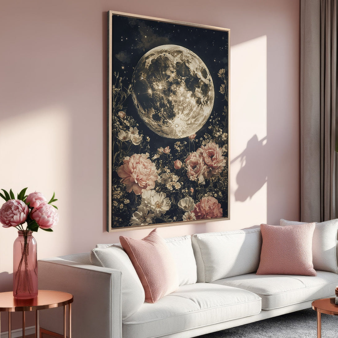 Framed Wall Art featuring a moon and floral design in a vintage style, with a soft pink and neutral color palette. Perfect for adding a touch of elegance.