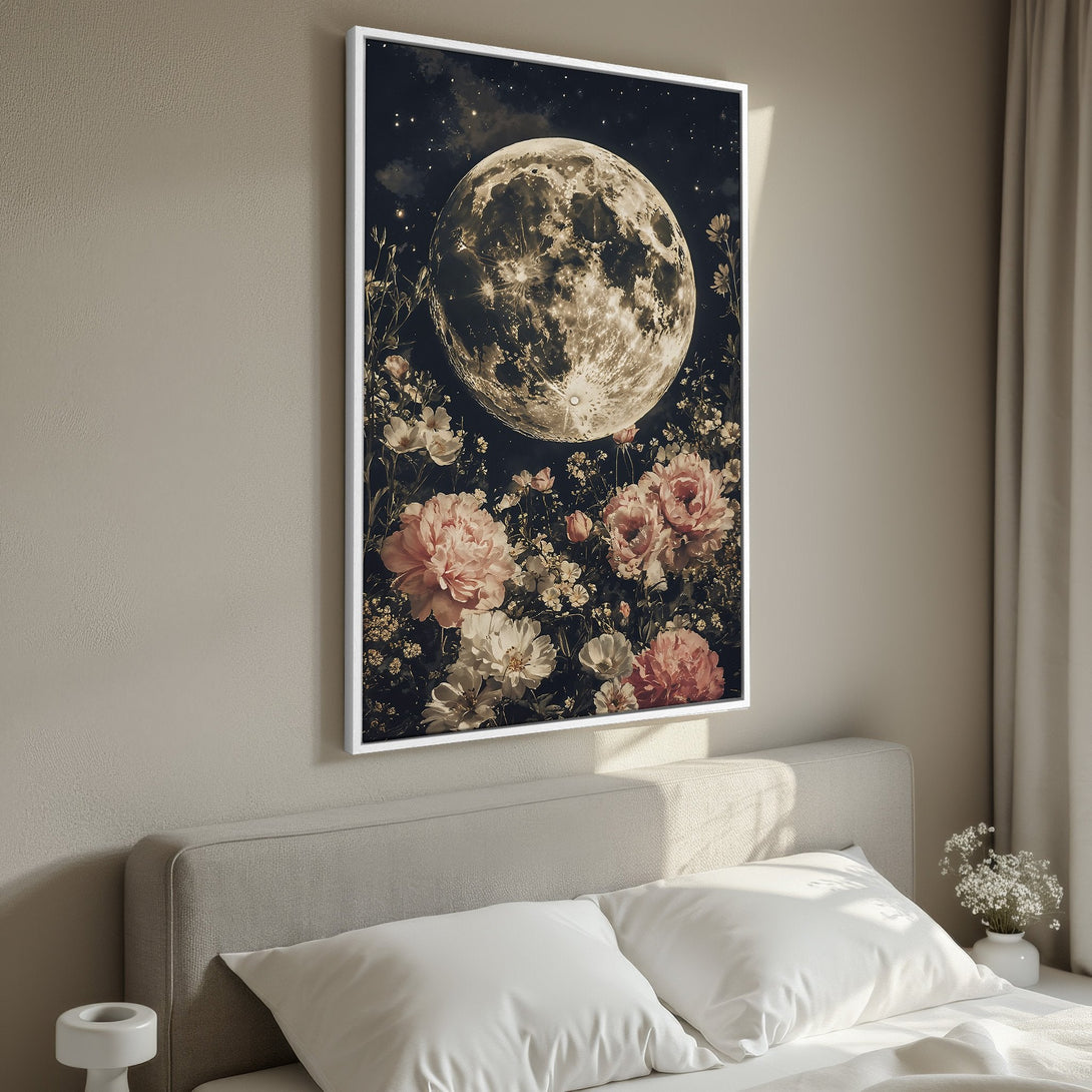 Framed Wall Art featuring a moonlit floral scene. Romantic, vintage style with a warm, neutral color palette. Perfect for bedroom decor.