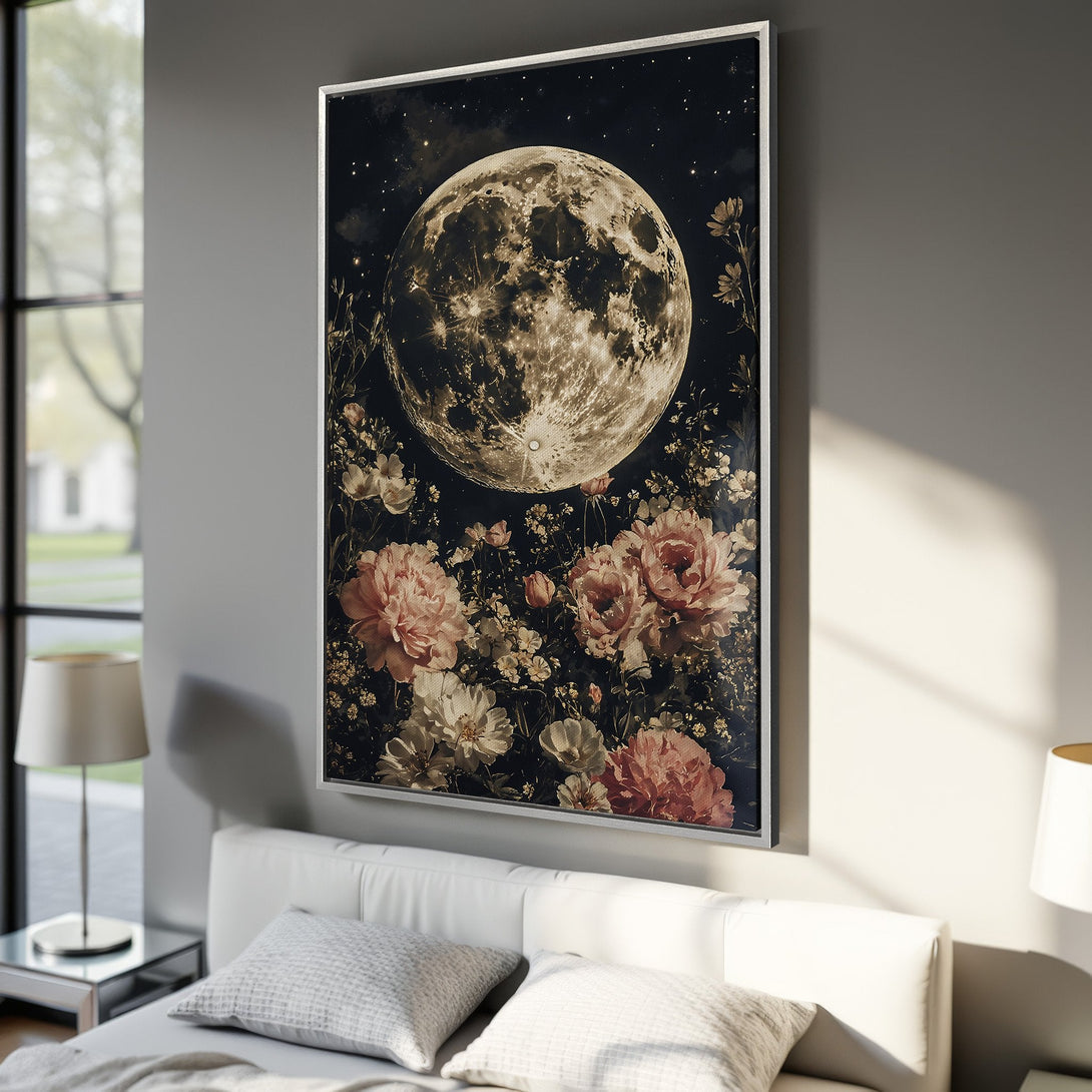 Framed Wall Art featuring a celestial moon and floral design in a vintage style with a dark, moody color palette. Perfect bedroom decor.