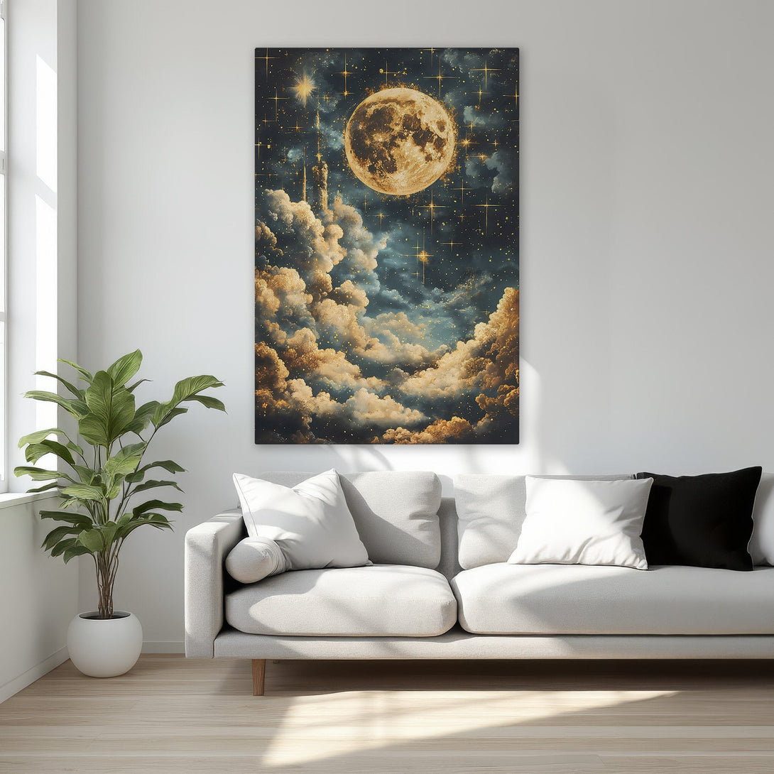 Framed Wall Art featuring a dreamy moon and cloudscape.  Dark blue, gold, and beige color palette.  Perfect bedroom decor for a touch of celestial elegance.
