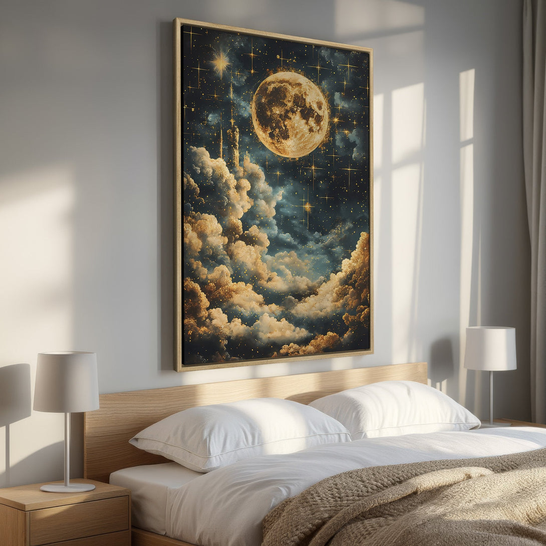 Framed Wall Art featuring a celestial moon and cloudscape, in a dreamy, artistic style with gold and blue tones. Perfect bedroom decor.