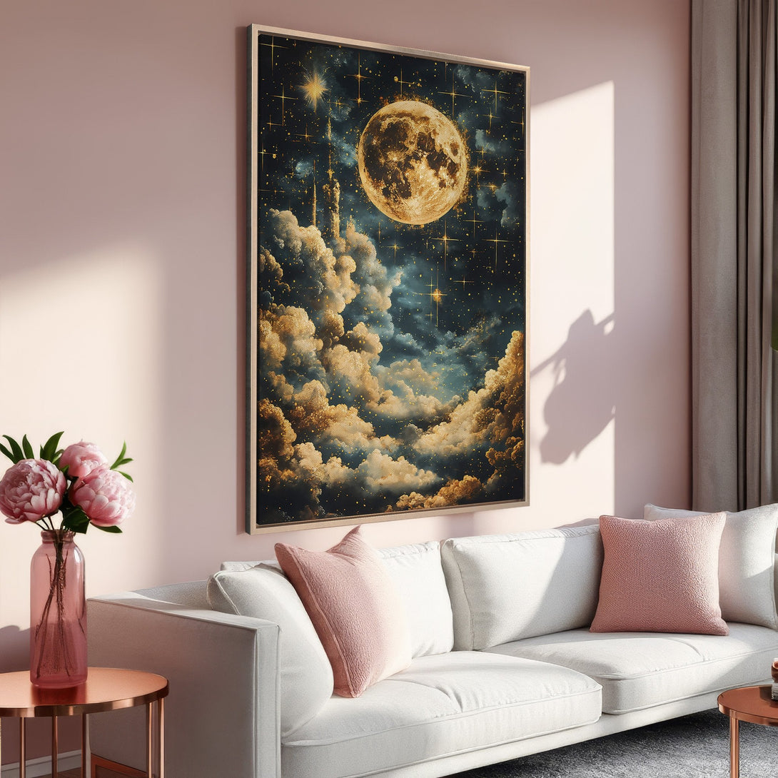Framed Wall Art: Celestial moon and stars canvas print in a modern living room. Features a dreamy, gold and navy color palette. Perfect for home decor!