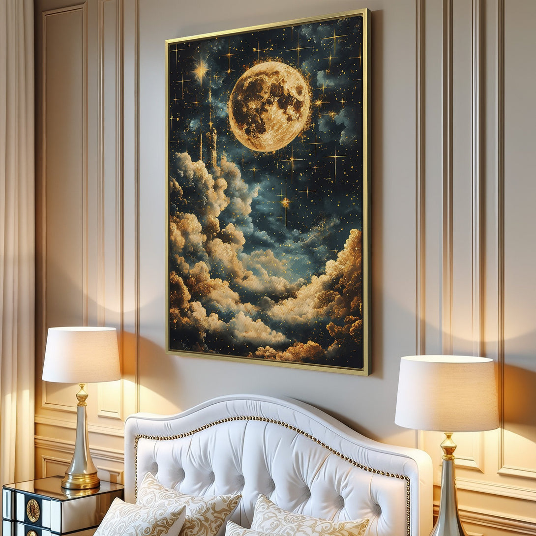 Canvas Print of a celestial moonscape in a warm, gold, and blue palette. Perfect for adding a touch of art to your home decor!