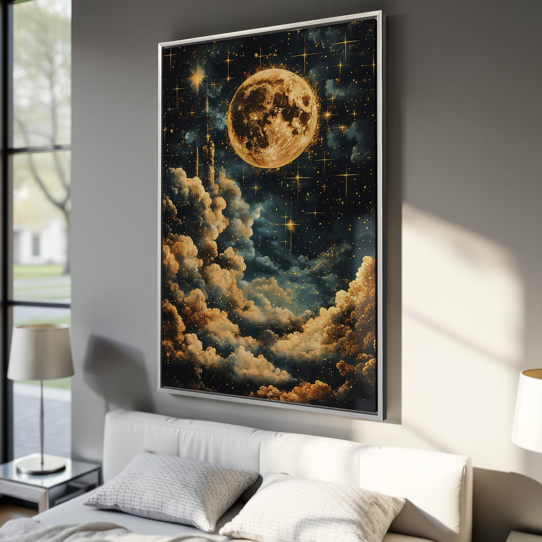 Framed Wall Art featuring a celestial night sky with a golden moon and clouds. Adds a touch of dreamy elegance with its dark blue and gold color palette.