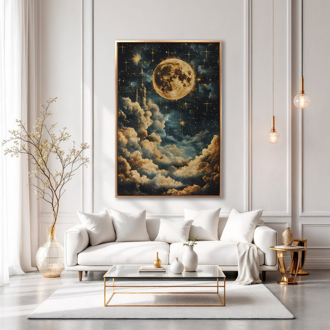 Framed Wall Art: Stunning moon and cloudscape canvas print in gold and navy. Perfect for adding a touch of celestial elegance to your living room.