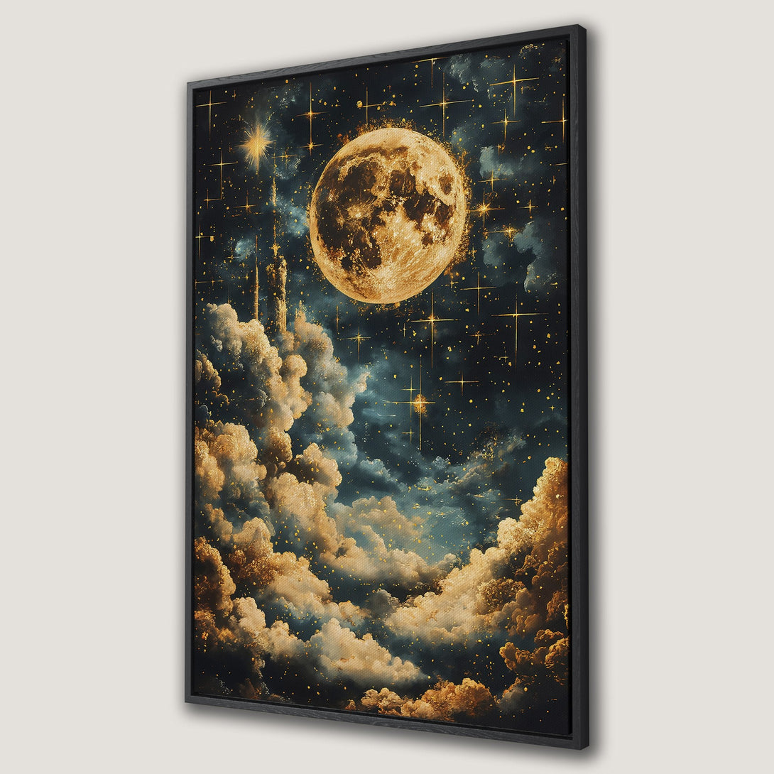 Framed Wall Art: Celestial moon and stars canvas print. Dramatic art style with gold, blue, and black color palette. Perfect for adding a touch of magic to your space.