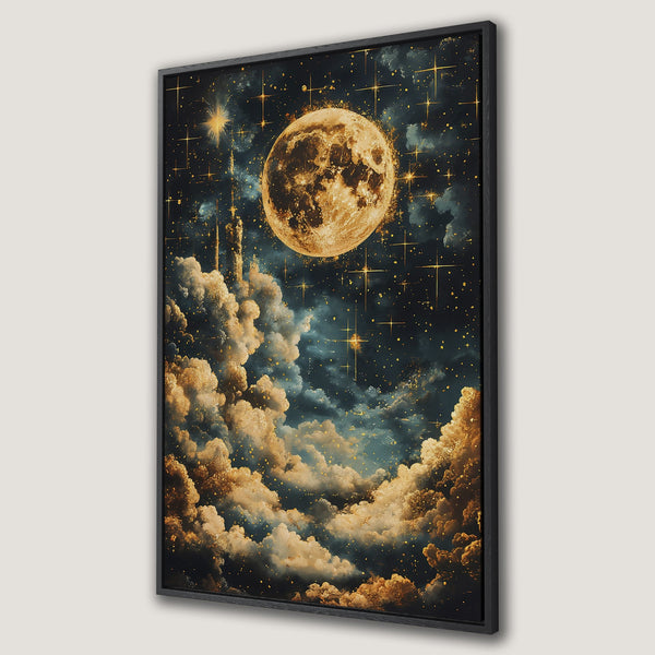 Framed Wall Art: Celestial moon and stars canvas print. Dramatic art style with gold, blue, and black color palette. Perfect for adding a touch of magic to your space.