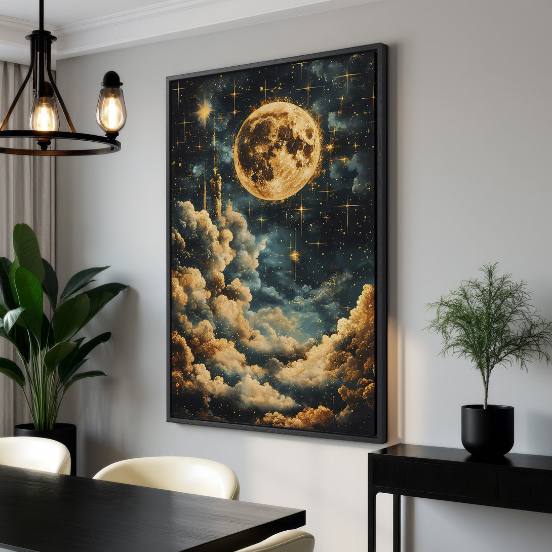 Framed Wall Art: Celestial moon and cloudscape Canvas Print in a dining room. Dark blue and gold color palette, perfect for adding a touch of magic to your home.