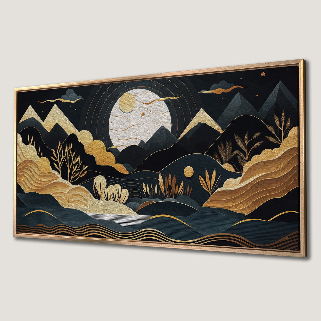 Framed Wall Art: Abstract landscape Canvas Print with gold and teal tones. Modern art featuring mountains, sun, and clouds for stylish home decor.