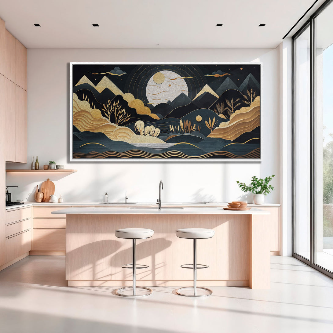 Framed Wall Art: Abstract landscape canvas print in a modern kitchen. Features a gold, teal, and black color palette. Elevate your home decor!