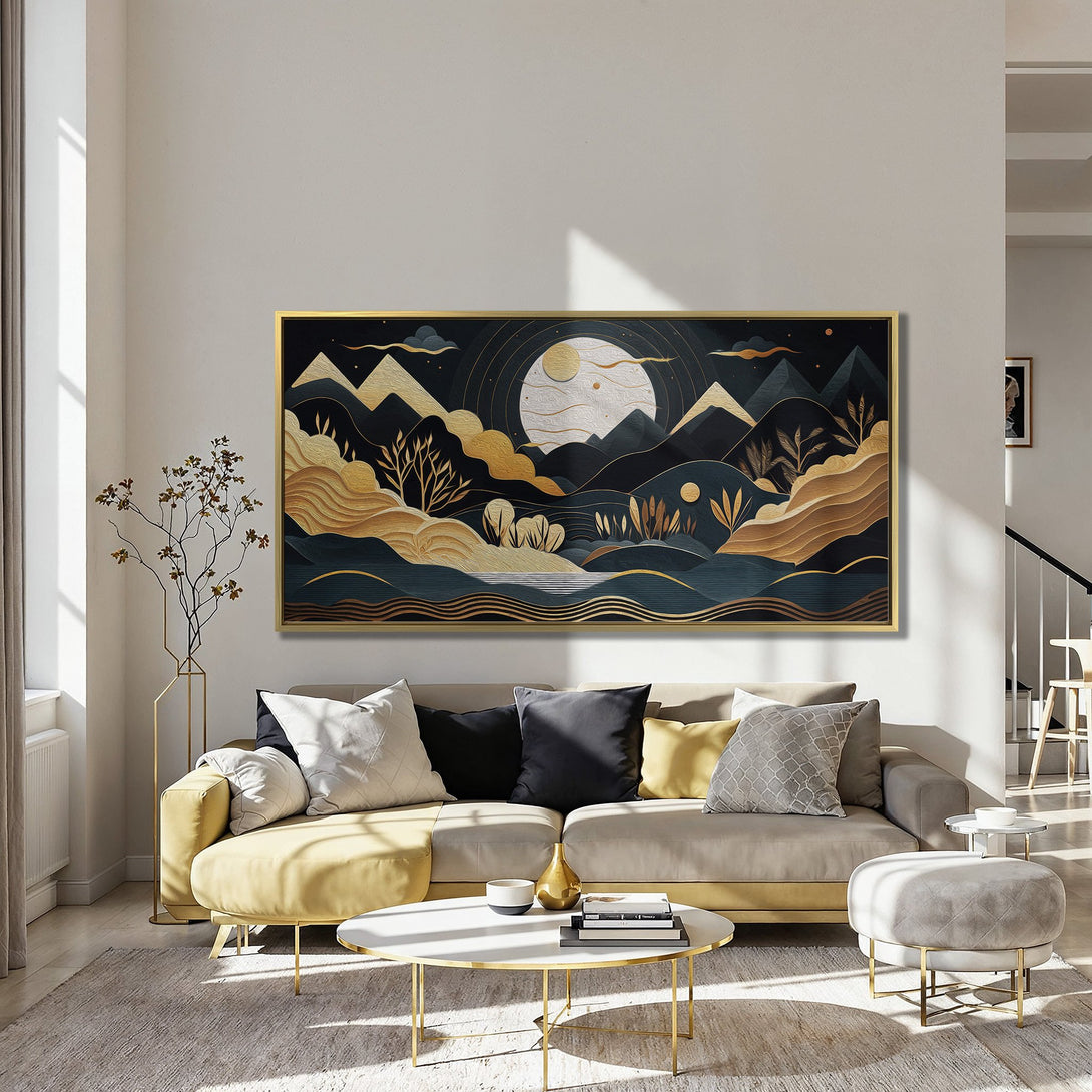 Abstract landscape Canvas Print in gold, black, and teal. Modern art decor for living room.