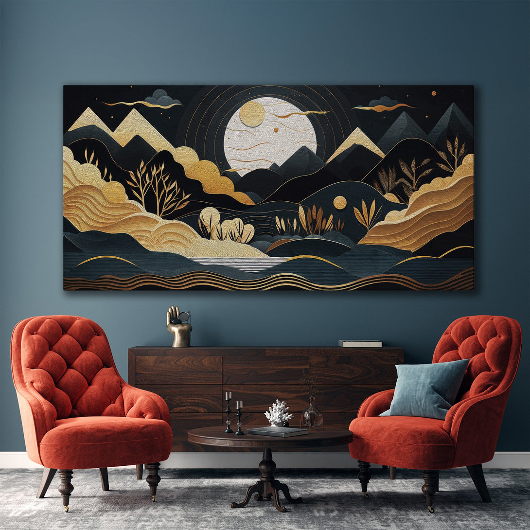 Framed Wall Art: Abstract landscape Canvas Print in gold, teal, and black. Modern art decor for living room, bedroom, or office.