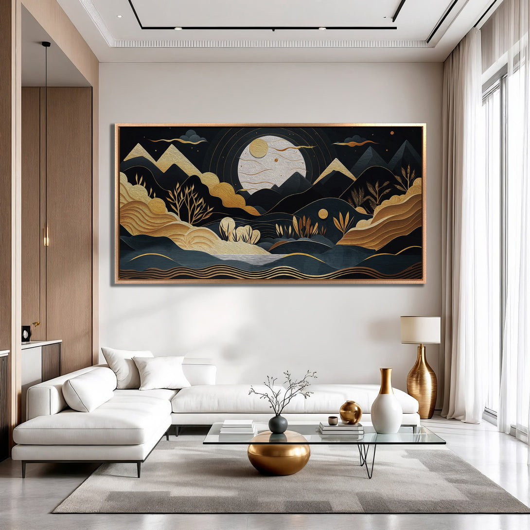 Framed Wall Art: Abstract landscape Canvas Print in gold, teal, and black. Modern art for home decor.