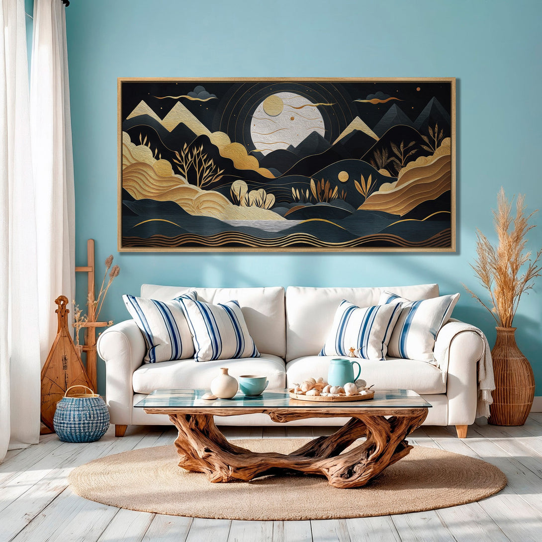 Framed Wall Art featuring a landscape design with gold, black, and teal tones. Modern art print perfect for living room decor.