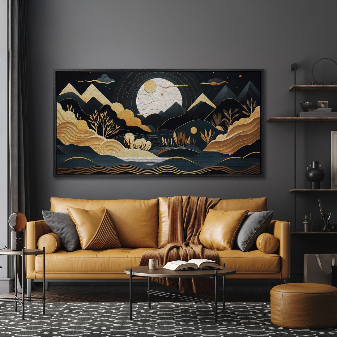 Framed Wall Art featuring an abstract landscape in a modern style with gold, teal, and black color palette. Adds a touch of elegance to any interior.