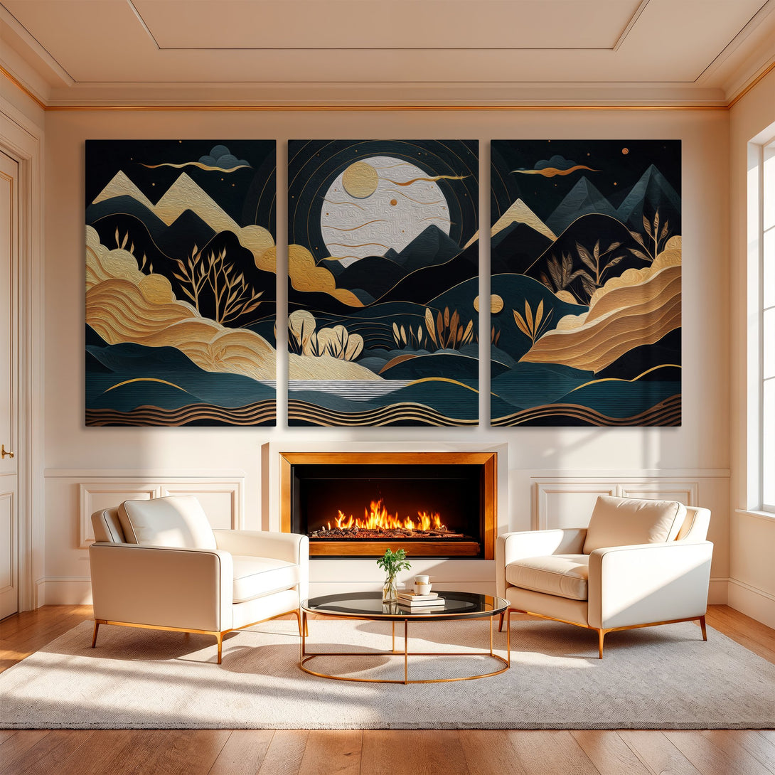 Canvas Print triptych featuring abstract landscape art in gold, teal, and black. Modern wall decor for a luxurious living room.