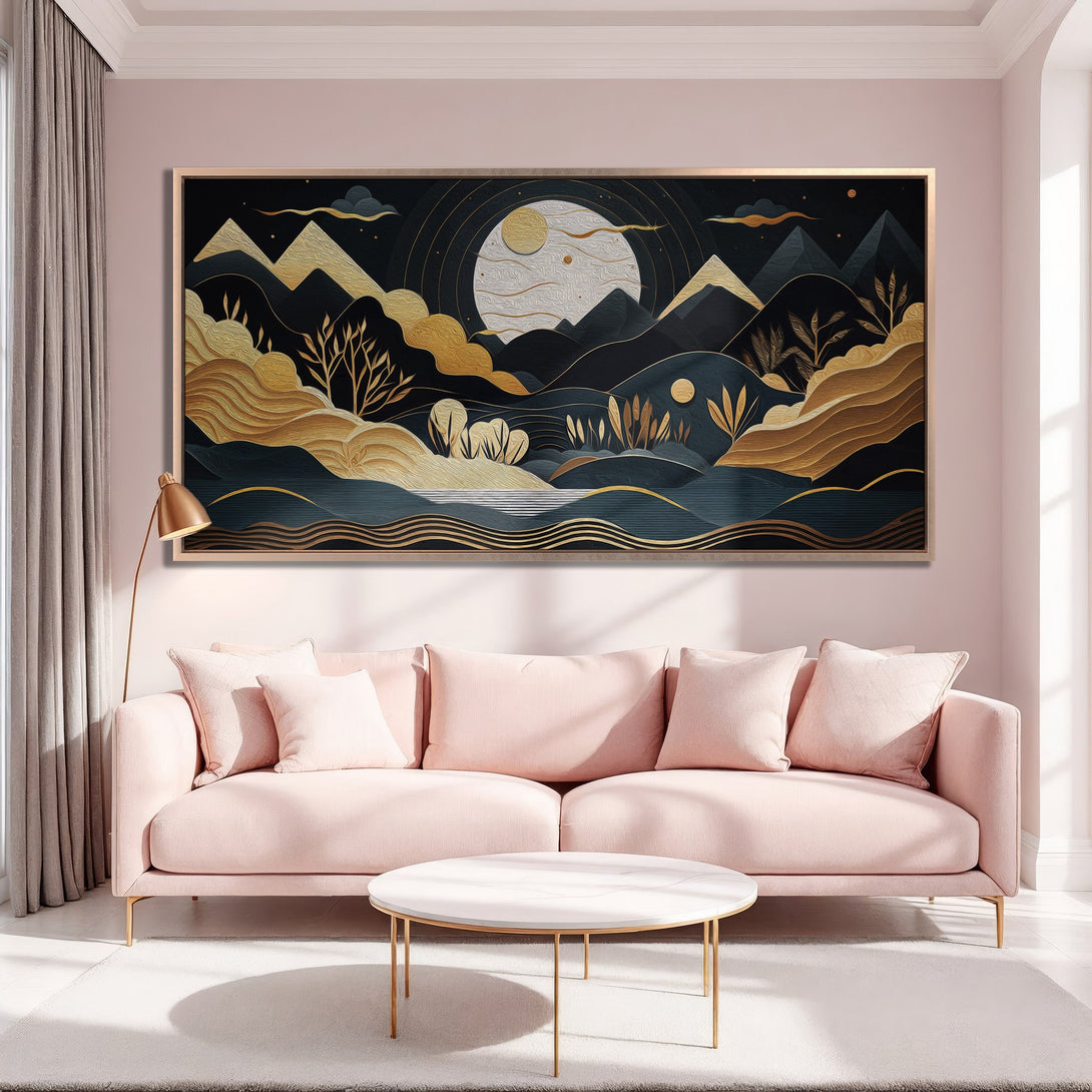 Framed Wall Art: Abstract landscape Canvas Print in gold, teal, and black. Modern art piece in a pink living room, adding elegance and style.