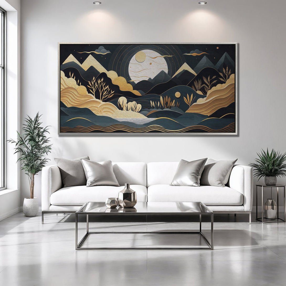 Framed Wall Art featuring abstract landscape with mountains, moon, and gold/teal color palette. Modern art for home decor.