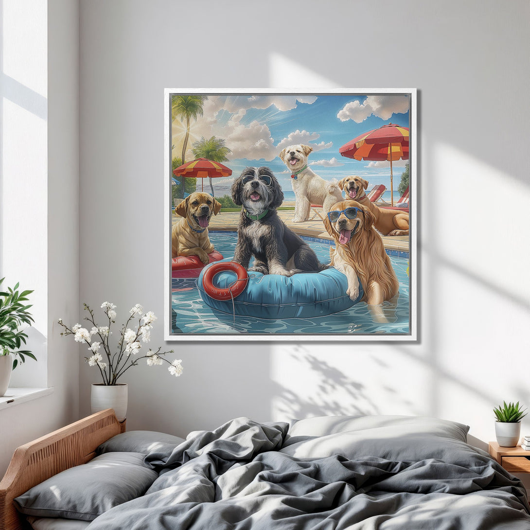 Framed Wall Art: Playful dogs at the pool, vibrant blue, yellow, and red color palette. Perfect for adding a touch of fun to your home decor.