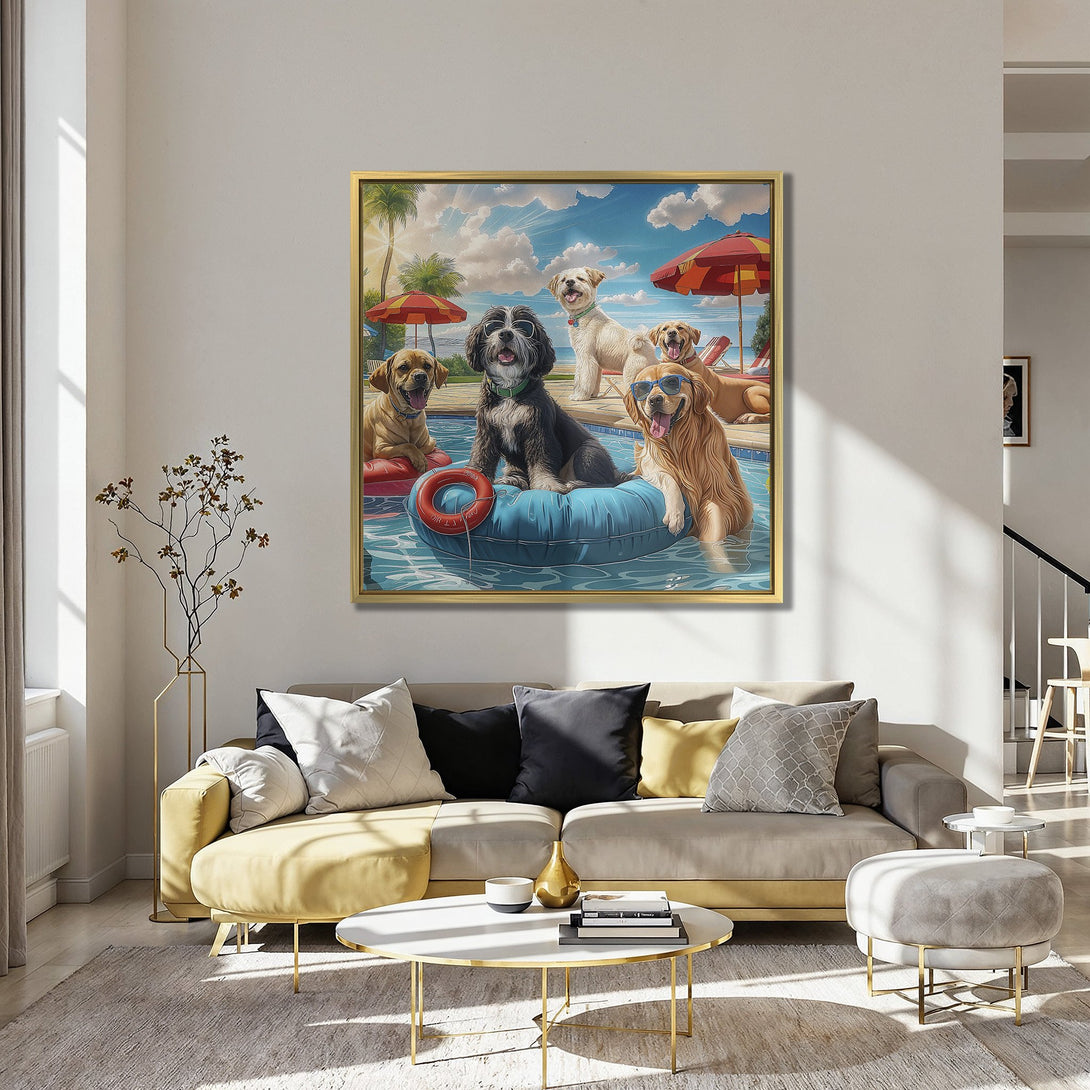 Canvas Print featuring dogs at a pool party. Playful illustration with blue, orange, and yellow hues. Add fun to your space!