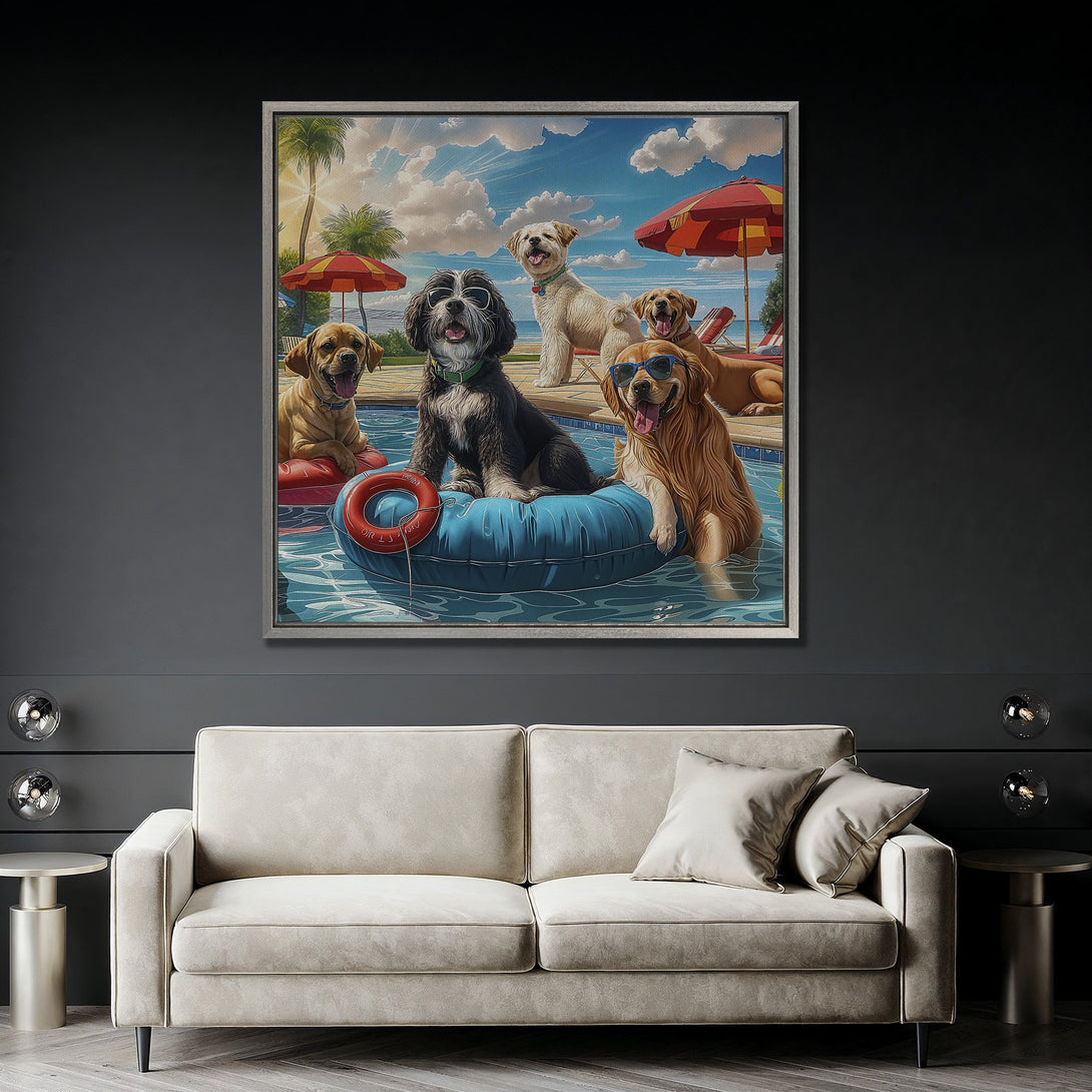 Framed Wall Art featuring dogs at a pool party. Whimsical illustration with a blue, yellow, and brown color palette. Perfect for dog lovers!