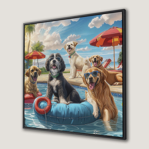 Framed Wall Art: Playful dogs enjoying a summer day by the pool. Vibrant blue, yellow, and red color palette. Perfect for adding fun to your home decor.