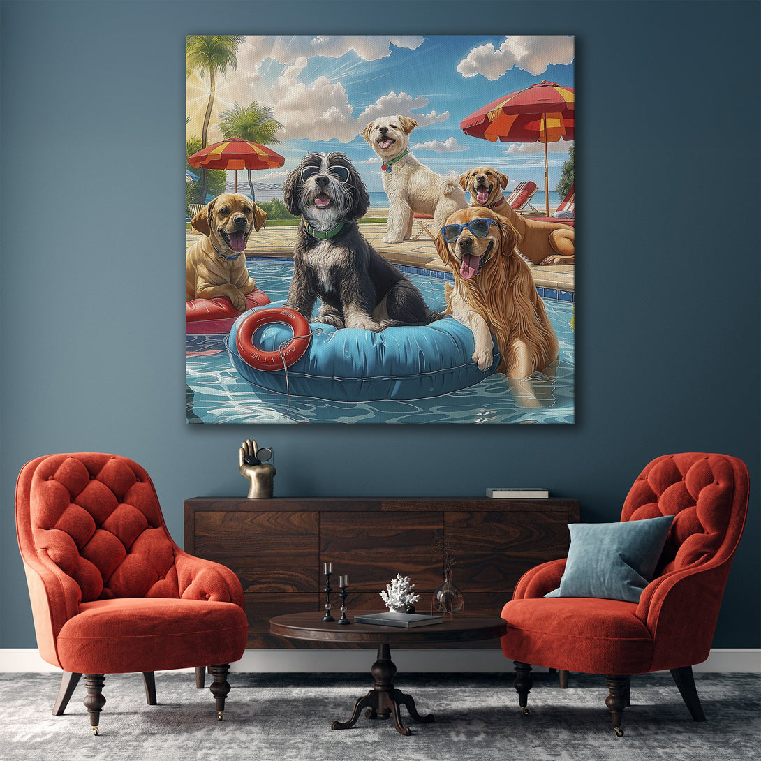 Framed Wall Art: Playful dogs enjoying a pool day. Bright, colorful artwork with blue, yellow, and red hues. Perfect for adding a fun touch to your home!