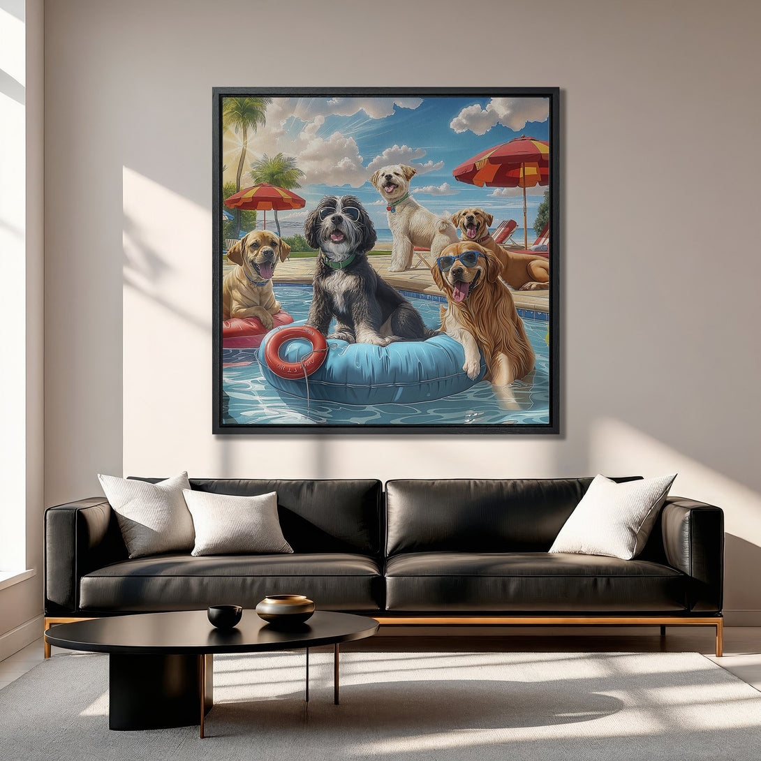 Framed Wall Art featuring a fun illustration of dogs at a pool party. Vibrant blue, yellow, and red color palette. Perfect for adding a playful touch to your home.