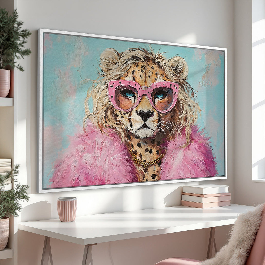 Canvas Print of a stylish cheetah in pink glasses and fur, modern art with a pastel color palette, perfect wall decor.