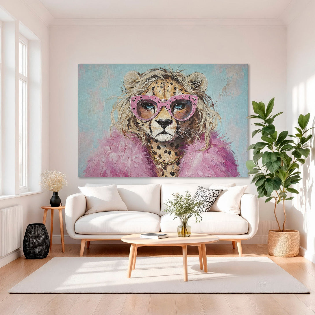 Framed Wall Art: Glamorous cheetah portrait in pink & teal, adding a pop of color to any room. Perfect for modern decor.