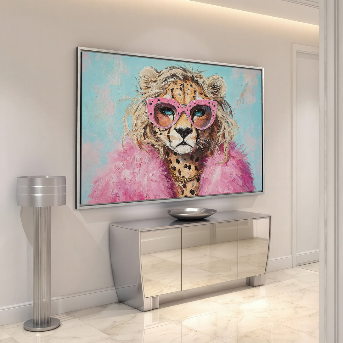 Framed Wall Art: Pop art cheetah in pink & blue. Stylish canvas print for modern home decor. Eye-catching art piece.