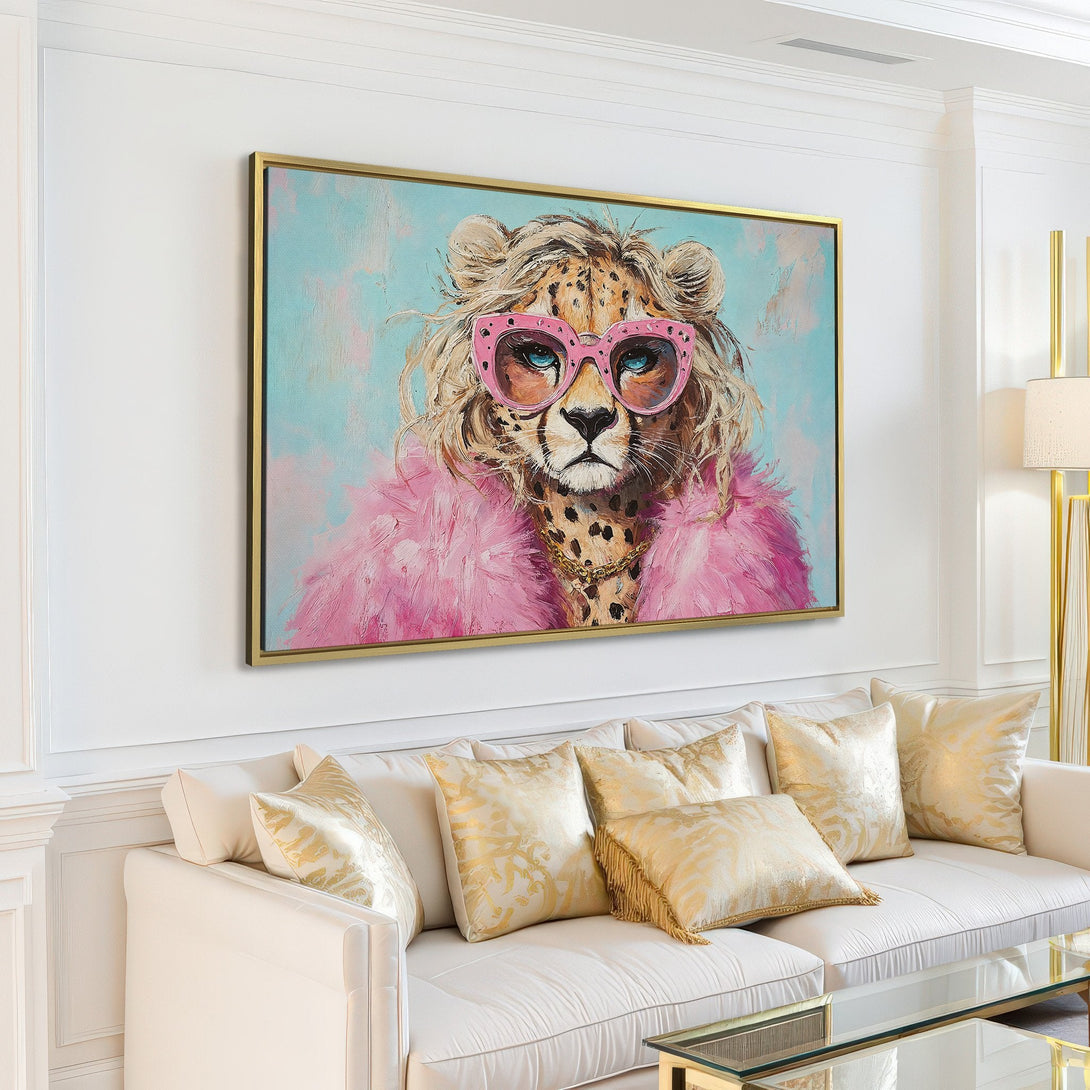 Canvas Print of a stylish cheetah wearing sunglasses, in a modern interior. Pastel color palette with pink and blue accents.