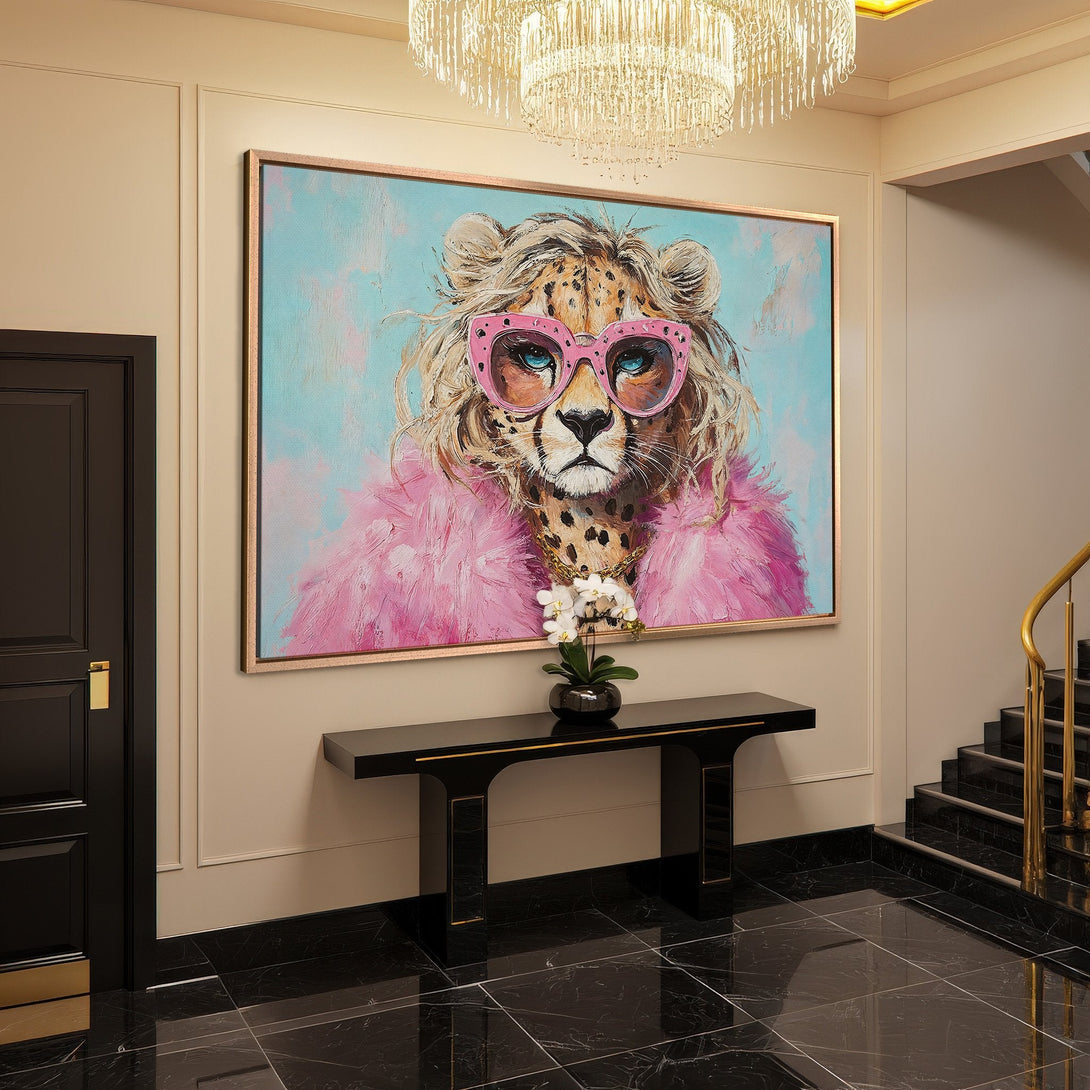 Framed Wall Art: Glamorous cheetah portrait in pink and blue. Modern art adds a pop of color and personality to any space. Shop our Canvas Print collection!