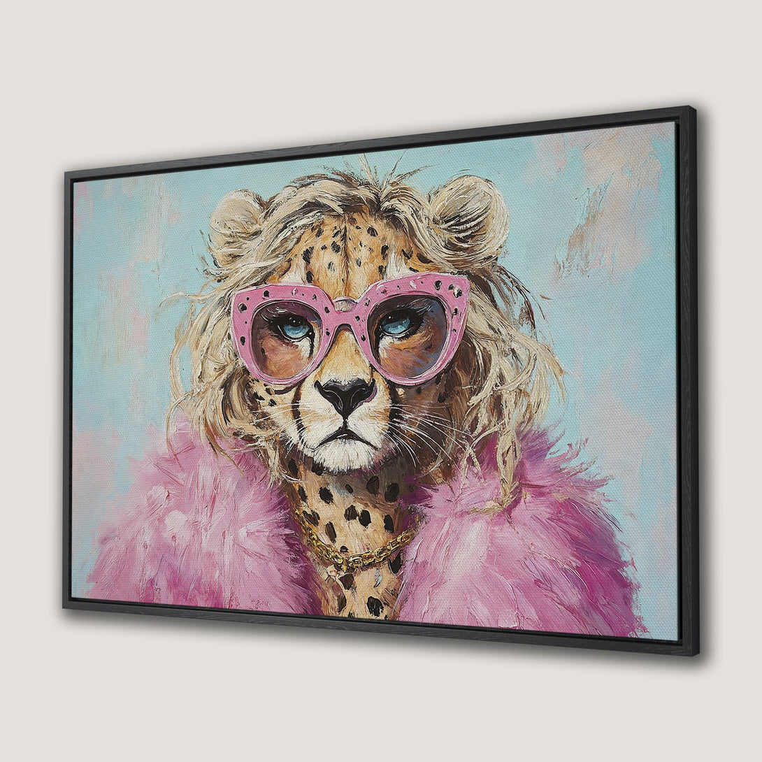 Framed Wall Art: Stylish cheetah portrait with pink accents. Modern canvas print with a playful, colorful palette. Perfect for adding personality to your home.