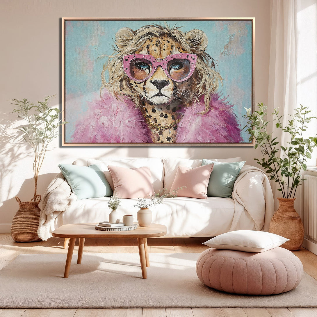 Framed Wall Art: Stylish cheetah portrait in pink and blue. Modern, colorful canvas print perfect for adding a pop of personality to any room.