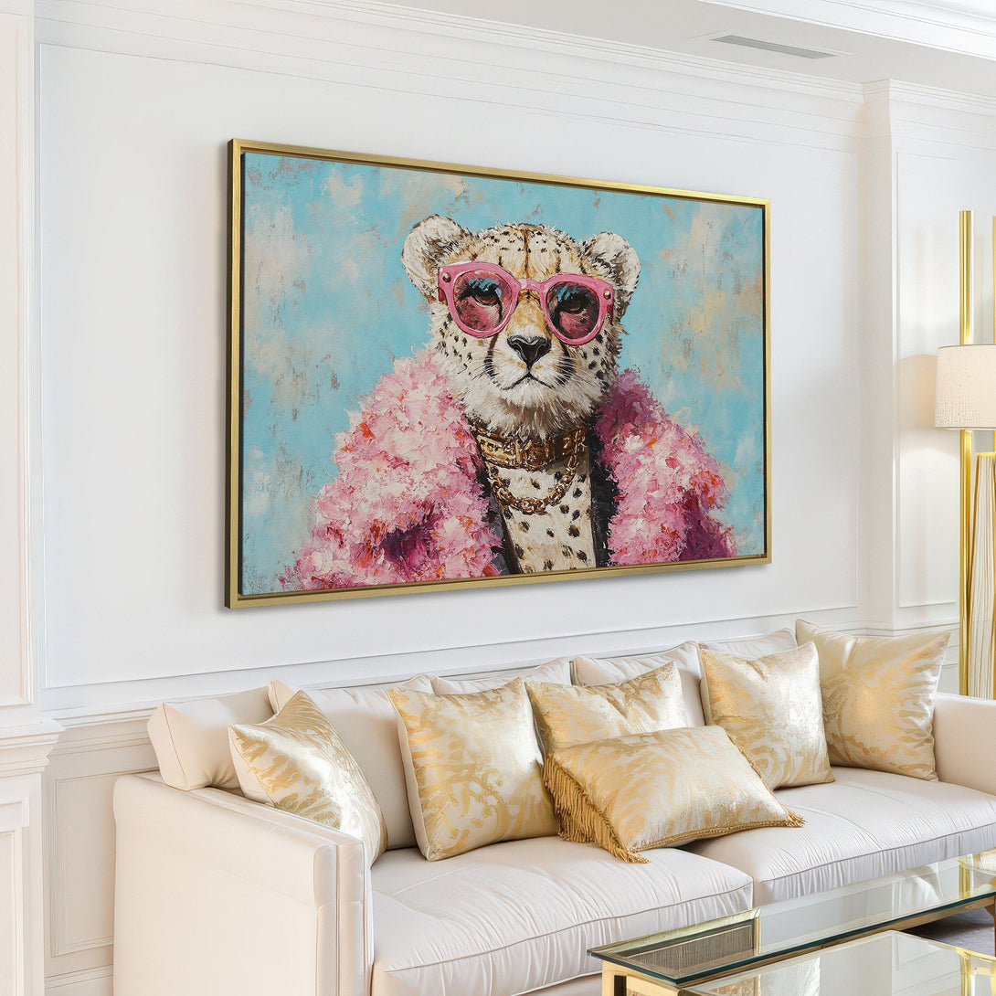 Canvas Print featuring a stylish cheetah in pink sunglasses and fur, set against a light blue backdrop. Modern art with a pop of color.